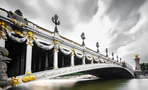 Wide angle view of Alexandre III Bridge, Paris France Stock Photos