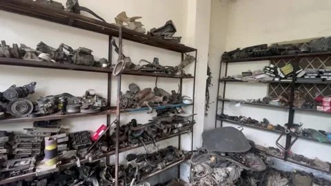 Wide Angle View of Auto Mechanic Workshop with Used Car Parts on Shelves, Stock Footage 343621868