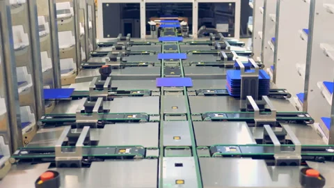 Wide angle view automated manufacturing process of solar panels. 4K. Stock Footage 95677228