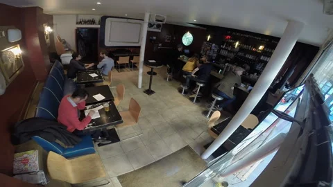 Wide Angle View Of Bar Interior With Seated Customers in Paris Stock Footage 344668444