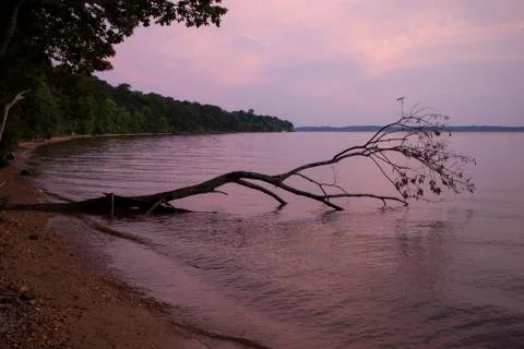 A wide angle view of a beach  at sunset Stock Photos