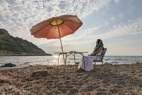 Wide Angle View of Beach with Umbrella near Cifit Island Turkey Stock Photos