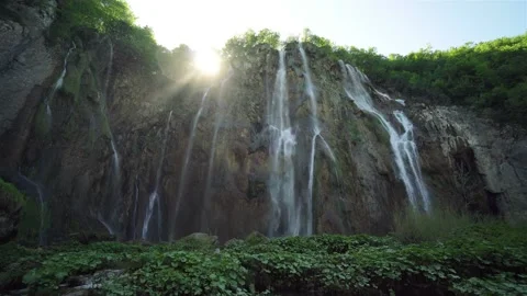 Wide angle view of Big Waterfall at Plitvice Lakes National Park, Croatia. Stock Footage 113347941