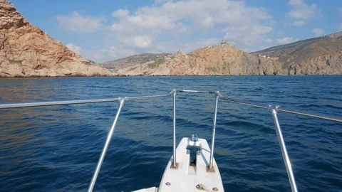 Wide angle view from boat at endless blue sea or ocean water. Summer yacht Video stock 107671417