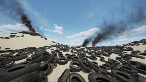Wide angle view of the burning tire dump. Broad view of the tire fire core. Stock Footage 278088789