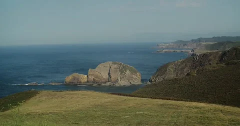 Wide Angle View of Cabo Peñas Cliffs and Atlantic Ocean Coastline in Asturias Stock Footage 341432052