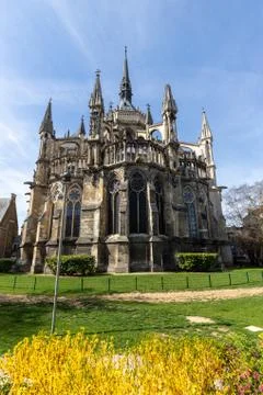 Wide angle view at cathedral Notre Dame in Reims Stock Photos