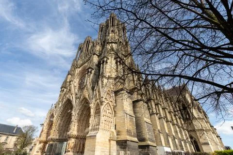 Wide angle view at cathedral Notre Dame in Reims Stock Photos