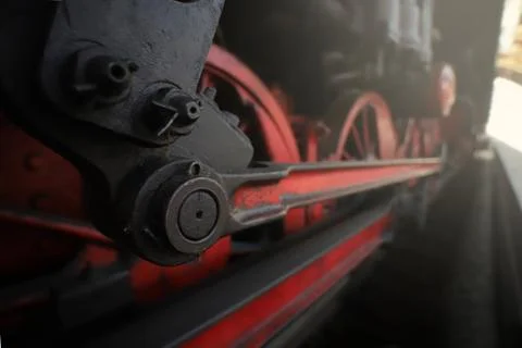 Wide angle view on the chassis, coupling rods and control of a steam engine Stock Photos