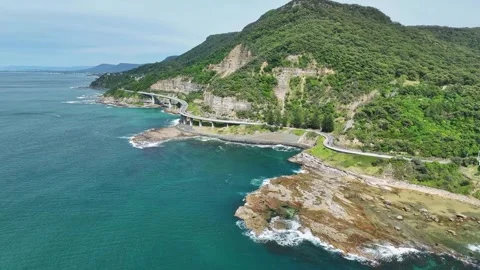 Wide angle view of the coastal Sea Cliff Bridge with panoramic ocean views Stock Footage 288805972