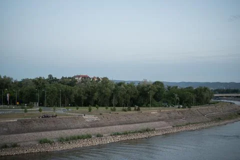 Wide-angle view of the Danube River embankment in Novi Sad, Serbia Stock Photos