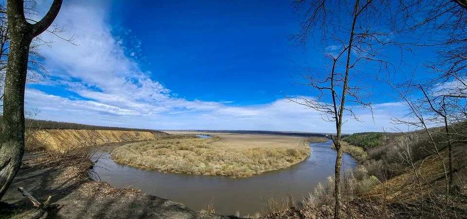 Wide angle view of Don River bend at Krivoborye natural landmark in Voronez.. Stock-Fotos