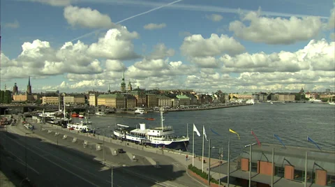 Wide angle view of the eastern waterfront of Gamla Stan, Stockholm Stock Footage 35110413