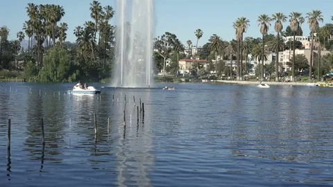 Wide angle view of Echo Park Lake with fountain and people on pedal boat Stock Footage 75882566