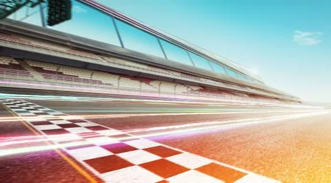 Wide angle view empty asphalt international race track with start and finish  Stock Photos