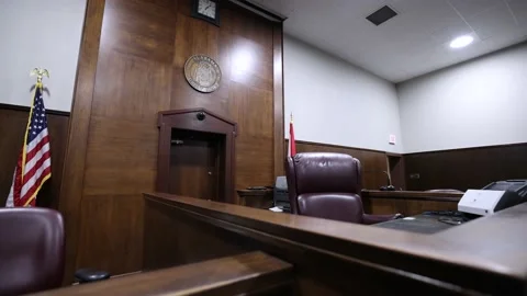 Wide Angle View Of Empty Bench In Judicial Courtroom Stock-Footage 233457503