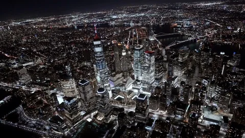 Wide angle view of the Financial district at Night as seen from a helicopter Stock Footage 113932017