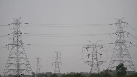 Wide angle view of five electric pillars Stock Footage 147859985