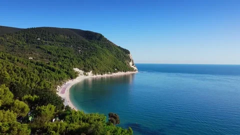 Wide-angle view of forested mountain descending to sandy beach coastline Video stock 342503866