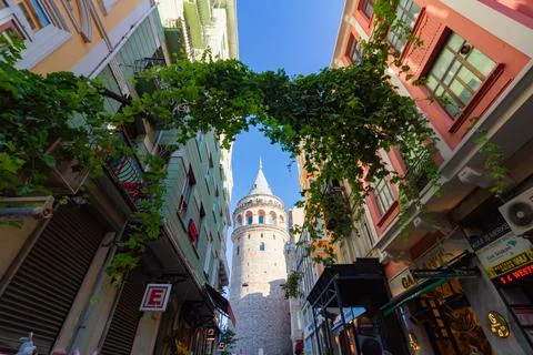 Wide angle view of Galata Tower and buildings. Landmarks of Istanbul Stock Photos