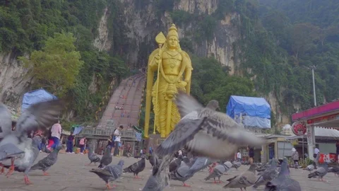 Wide angle view of Giant Buddha with pigeon fly away outside Batu Caves Video stock 122449092