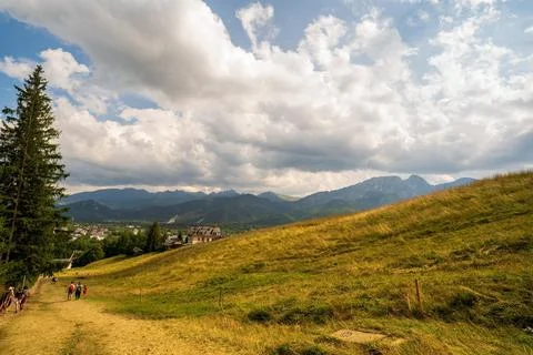Wide angle view of green meadow countryside field with A shaped house and peo Stock Photos
