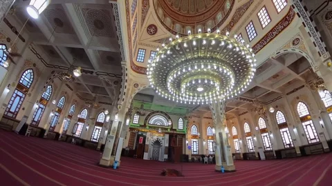 Wide-angle view inside El Mina Mosque, Hurghada, Egypt, featuring a massive Stock Footage 333416601