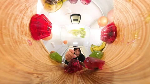A wide-angle view inside the refrigerator with a dramatic upward perspective Stock Footage 292870754