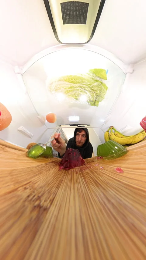 A wide-angle view inside the refrigerator with a dramatic upward perspective Stock Footage 292879542