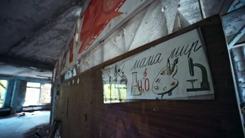 Wide-angle view interior inside old abandoned soviet union public building in Stock Footage 111336478