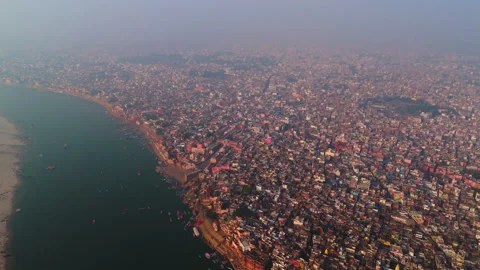 Wide angle view of kashi or varanasi city Drone or Aerial shot with kashi v.. Stock Footage 295049329