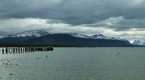 Wide-angle view of the lake from Puerto Natales, Chile Stock Footage 60141983
