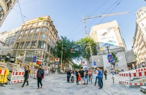 Wide angle view of the largest Shopping street Mariahilfer strasse in downtow Stock Photos