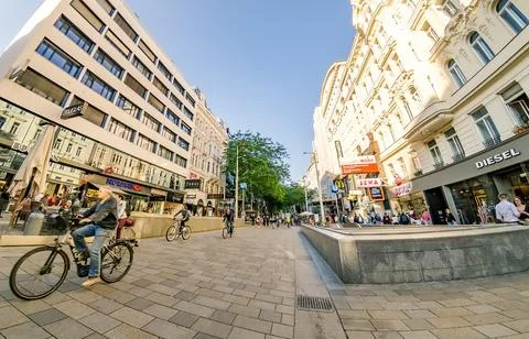 Wide angle view of the largest Shopping street Mariahilfer strasse in downtow Stock Photos