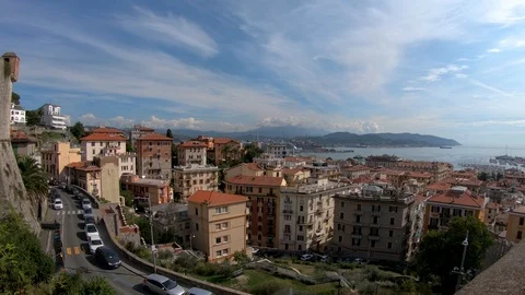 Wide angle view looking over La Spezia from the top of the hill. Stock Footage
