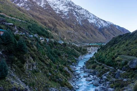 Wide Angle View of Mana Village Settlement and Alaknanda River Valley Stock Photos