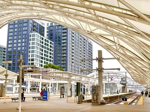 Wide angle view of the modern design canopy at Denver Union Station Фото