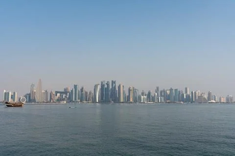 Wide Angle View of Modern Doha West Bay Skyscraper Skyline across the Sea Stock Photos