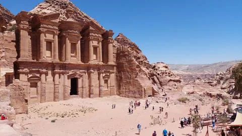 Wide-angle view of the Monastery in Petra, Jordan, carved into rose sandstone Stock Photos