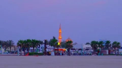 Wide angle view of mosque dome with amazing light up in Dubai Video stock 108427779