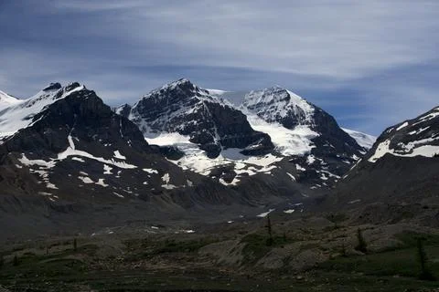 Wide angle view of Mount Athabasca and the glacial valley in Alberta Canada Stock Photos