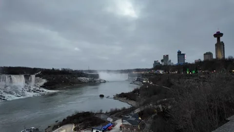 Wide Angle View of Niagara Falls With Hotels in Canada Stock Footage 332087529