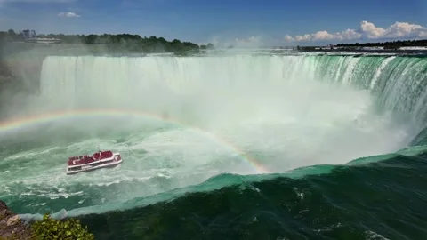 Wide angle view of Niagara Falls Horseshoe Falls with rainbow and tourist boat Stock Footage 342551527