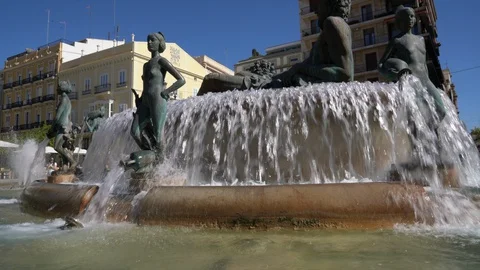 Wide angle view of one of the historic water fountains in the old city as water  Stock Footage 127892982