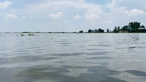 Wide Angle View of Open Rippling River with Distant Tree Line Stock Photos