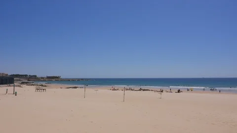 Wide angle view over Matosinhos beach in Porto, Portugal. Bright summer day Видео 110267650