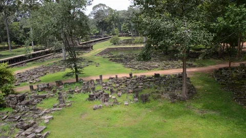 Wide angle view over the ruins of Angkor Stock Footage 99677579
