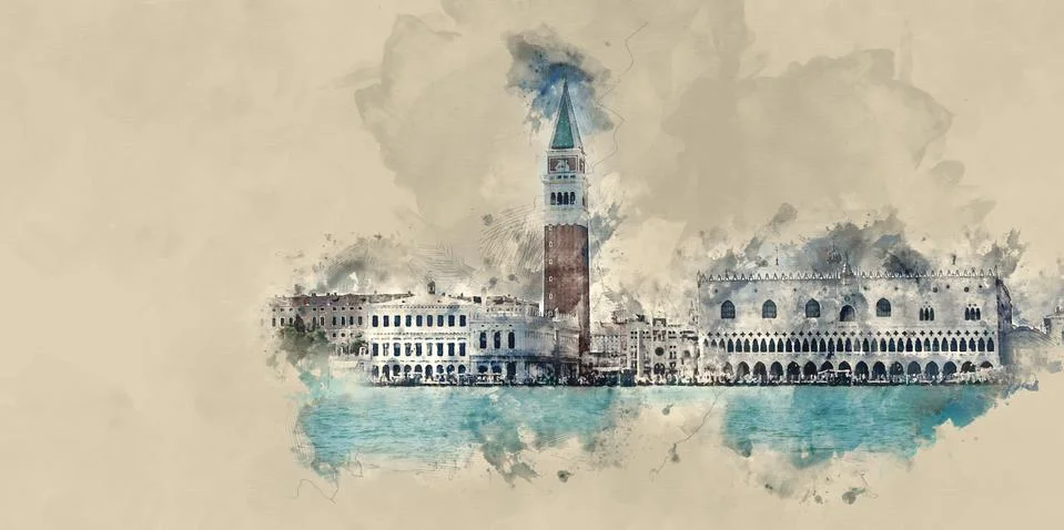 Wide angle view over the skyline of Venice at San Marco Ilustración de archivo