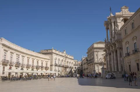 Wide angle view of Piazza Duomo in Ortigia with splendid historical buildings Stock Photos