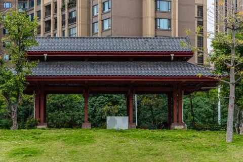 Wide-angle view of the resting area in the park in Foshan Stock Photos